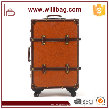 Vintage Leather Suitcase Retro 4 Wheel For Luggage Travel